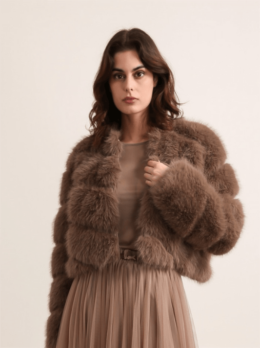 Paula Short Faux Fur Jacket - Dark Taupe - at home