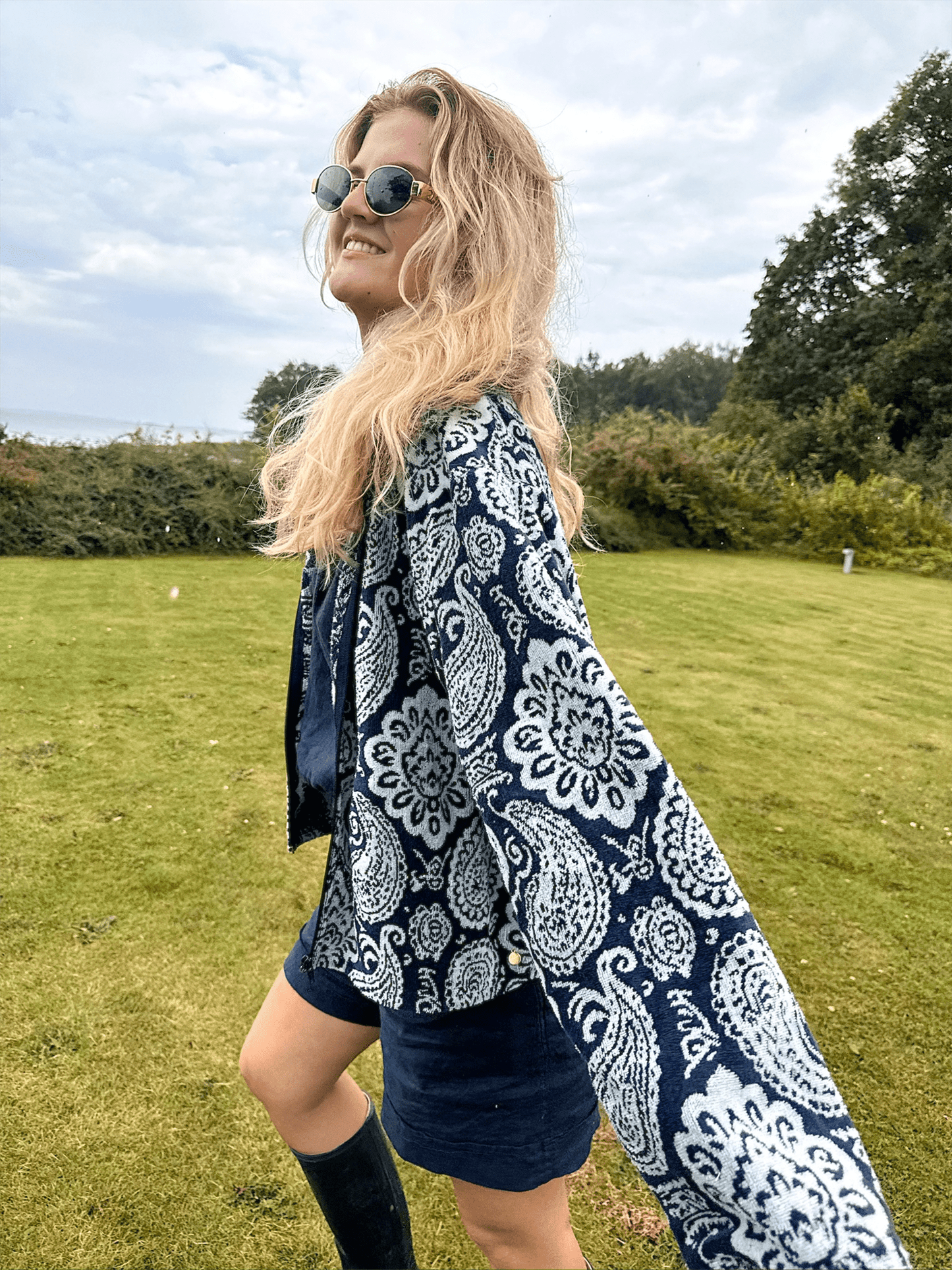 Printed Short Jacket - Navy - at home