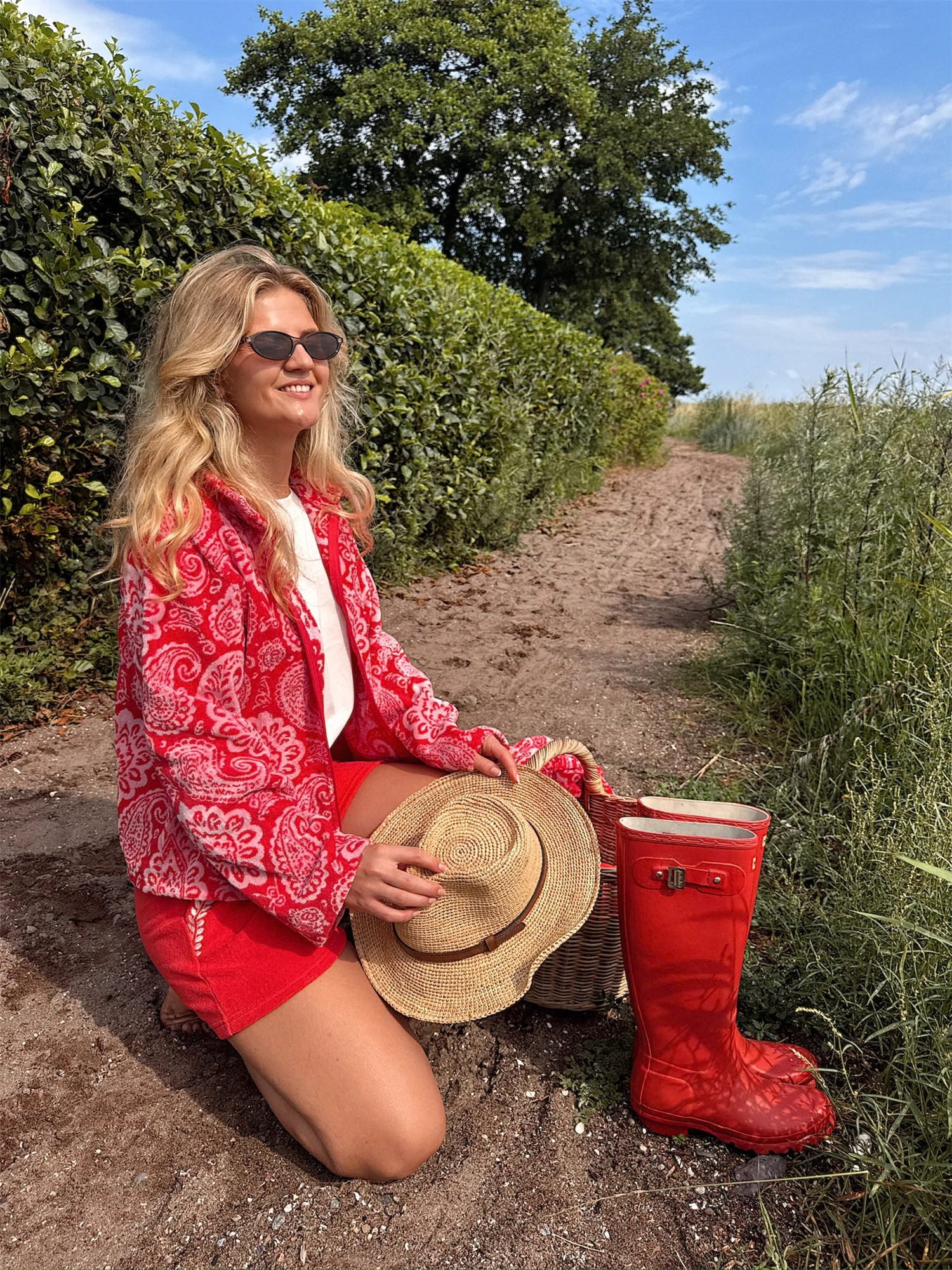 Printed Short Jacket - Red - at home