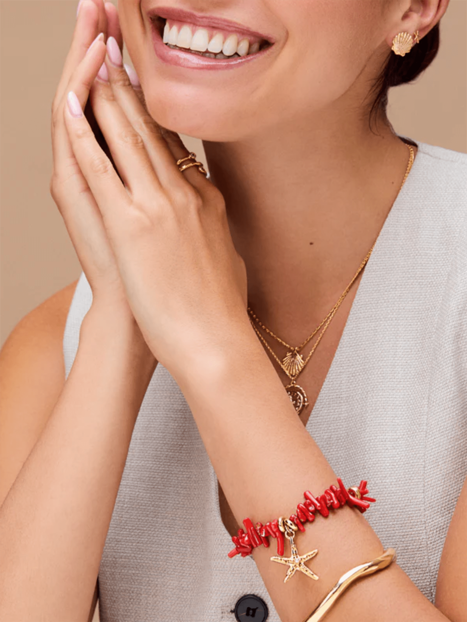 Red Coral Chip & Starfish Bracelet - Gold - at home