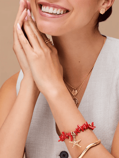 Red Coral Chip & Starfish Bracelet - Gold - at home