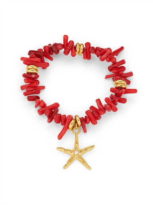 Red Coral Chip & Starfish Bracelet - Gold - at home