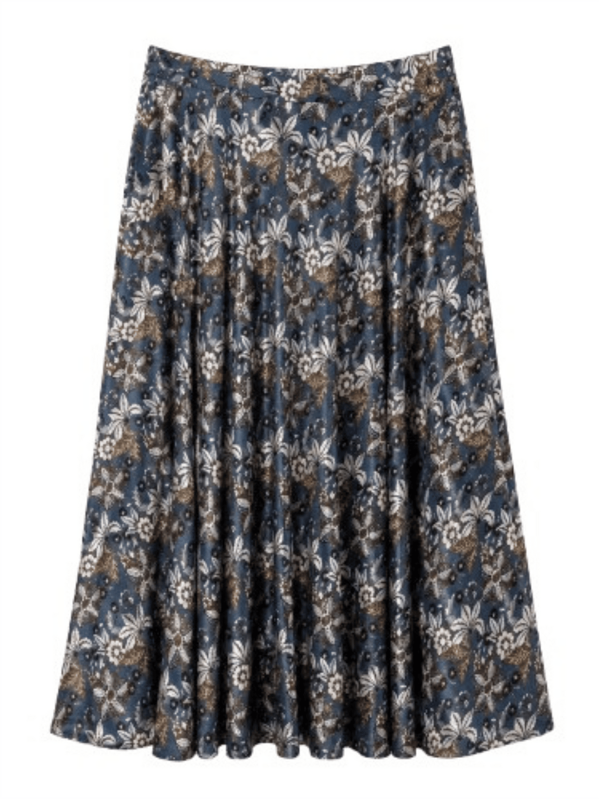 Satin Bias Cut Skirt - Denim Flower Print - at home