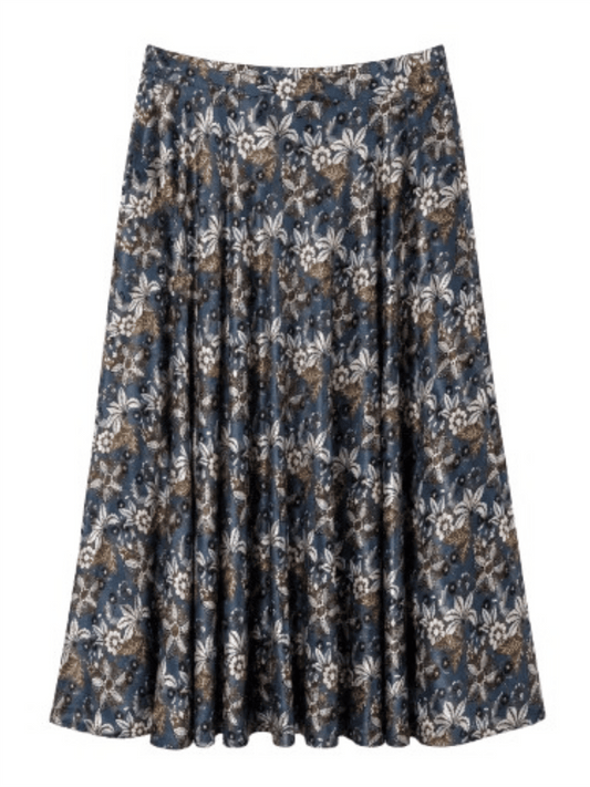 Satin Bias Cut Skirt - Denim Flower Print - at home