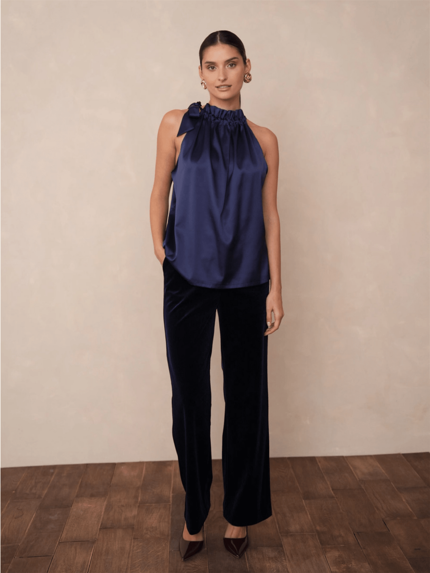 Satin Elisabeth Top - Navy Blue - at home