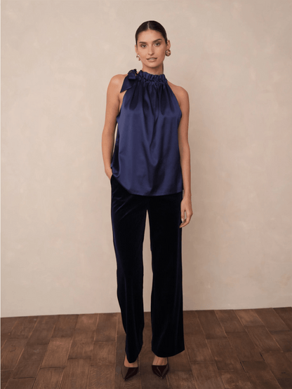 Satin Elisabeth Top - Navy Blue - at home