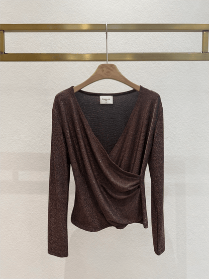 Shiny Lurex Wrap Top - Choco - at home
