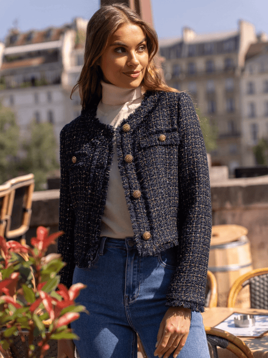 Short Wool Tweed Jacket - Navy W/Gold - at home