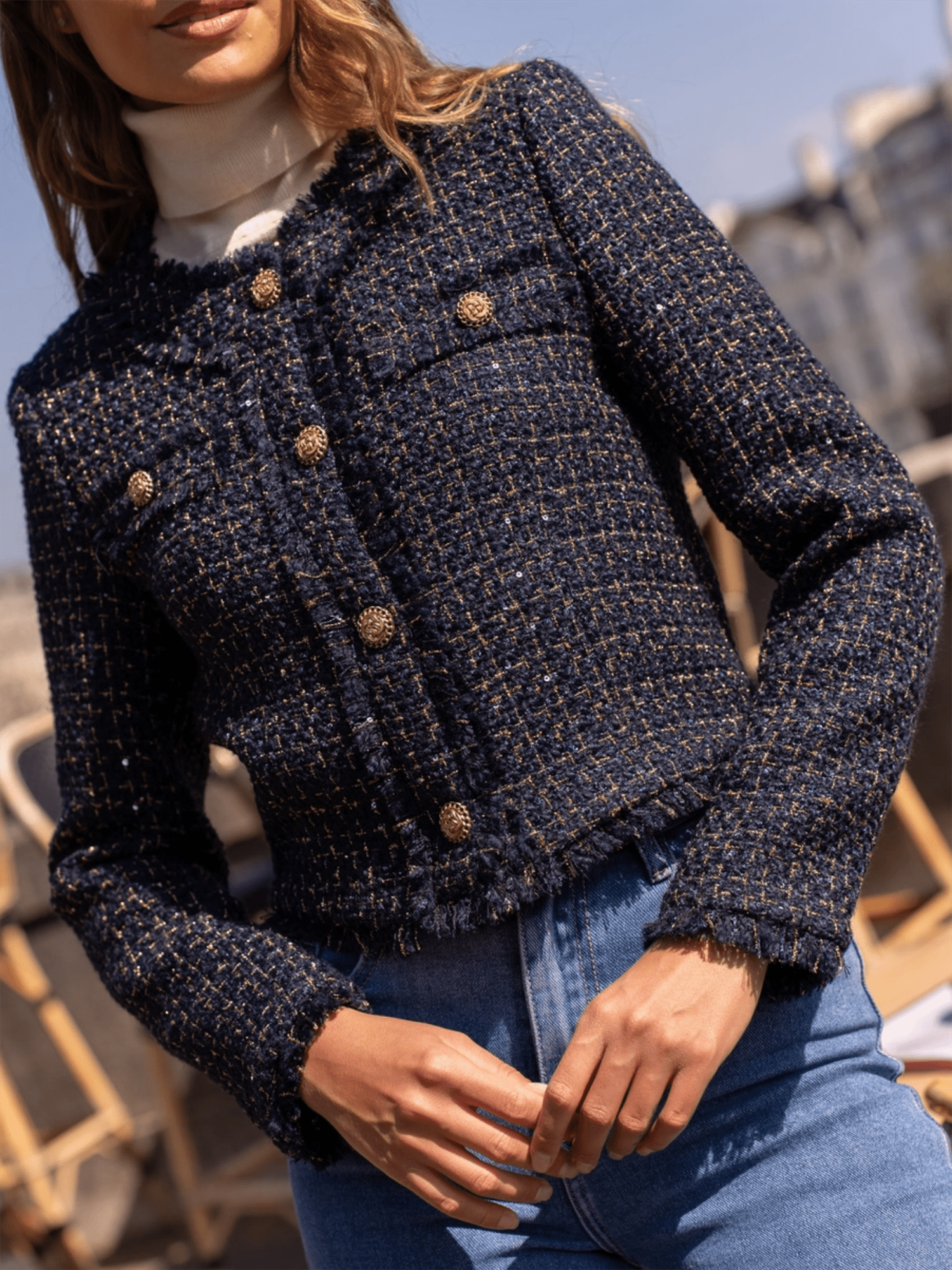 Short Wool Tweed Jacket - Navy W/Gold - at home