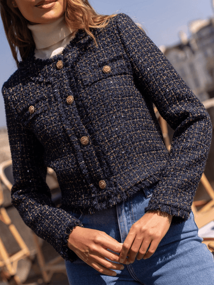 Short Wool Tweed Jacket - Navy W/Gold - at home