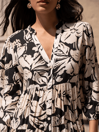 Sienna Shirt Dress Midi - Hibiscus Noir - at home