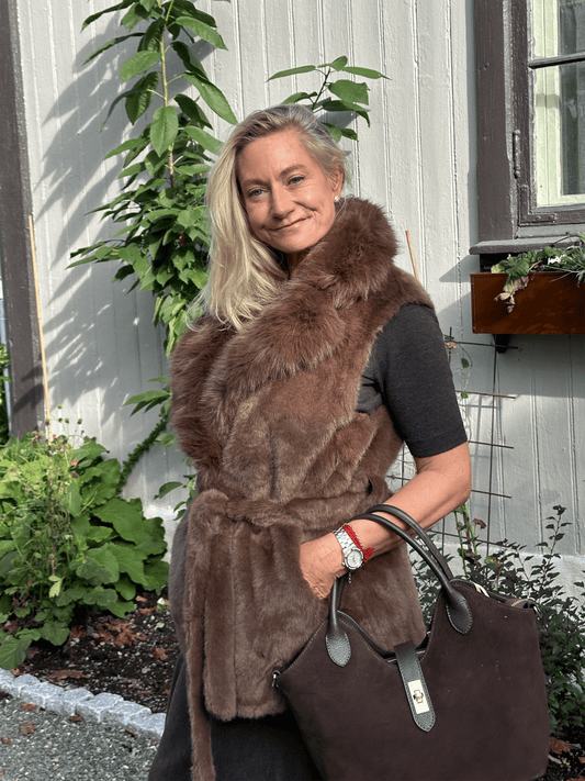 Sleeveless Faux Fur Lapel Collar Jacket - Choco - at home