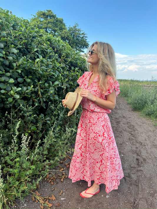 Smocking Skirt - Red Paisley Print - at home