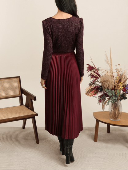 Solid Satin Pleated Skirt - Bordeaux - at home