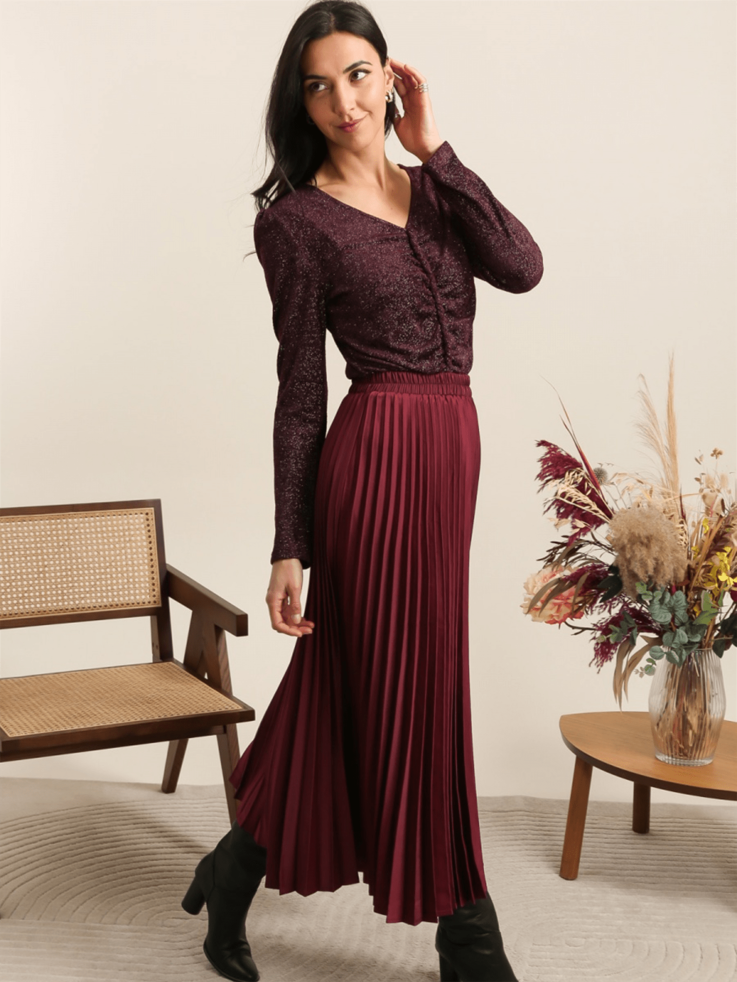Solid Satin Pleated Skirt - Bordeaux - at home
