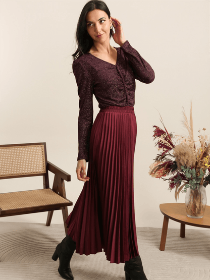 Solid Satin Pleated Skirt - Bordeaux - at home