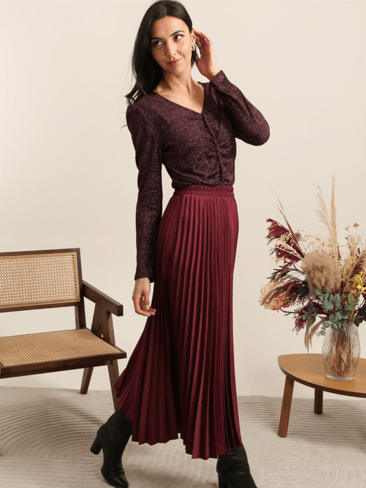 Solid Satin Pleated Skirt - Bordeaux - at home