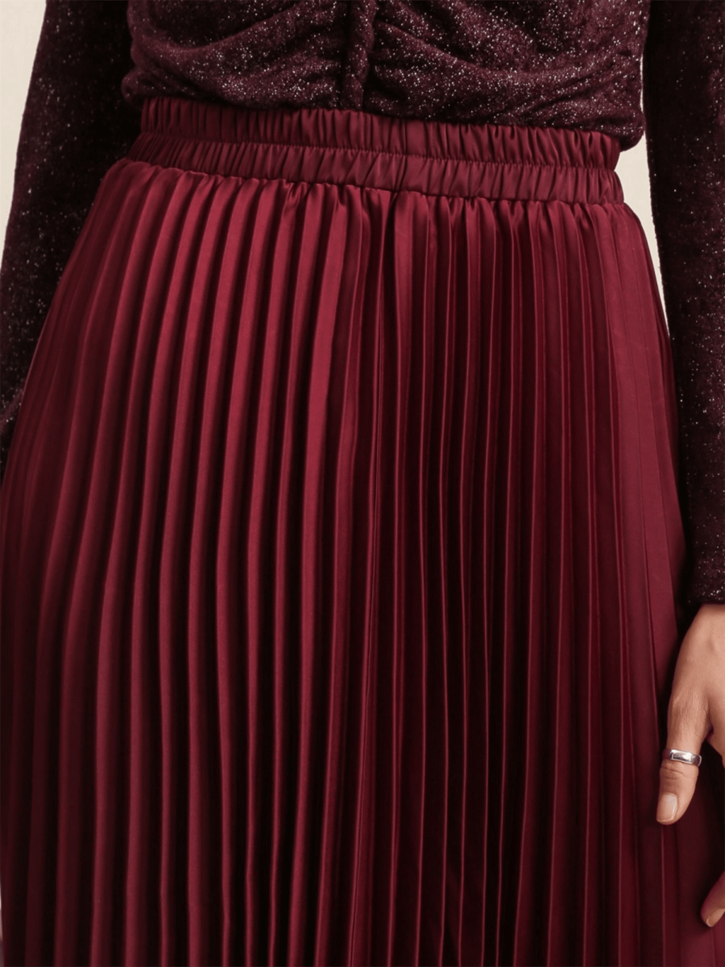 Solid Satin Pleated Skirt - Bordeaux - at home
