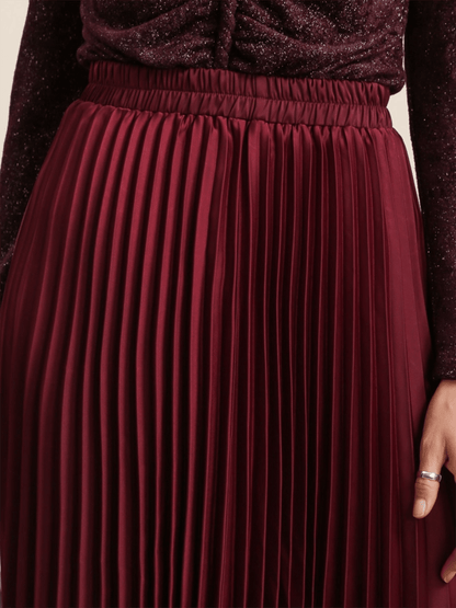 Solid Satin Pleated Skirt - Bordeaux - at home