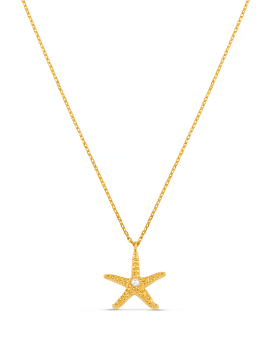 Starfish & Pearl Charm Necklace - Gold - at home