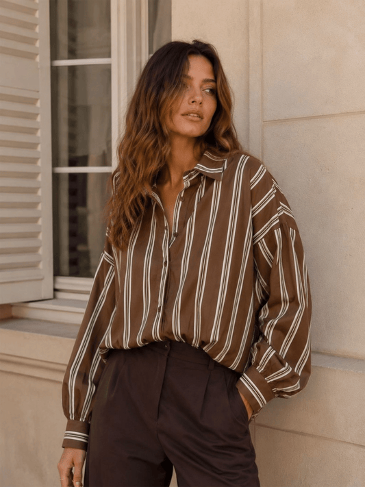 Striped Cotton Shirt with Pleats At the Hem - Choco - at home