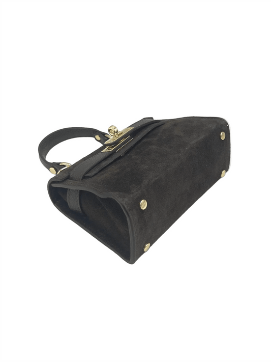 Suede Leather Flap Handbag XS - Dark Brown - at home