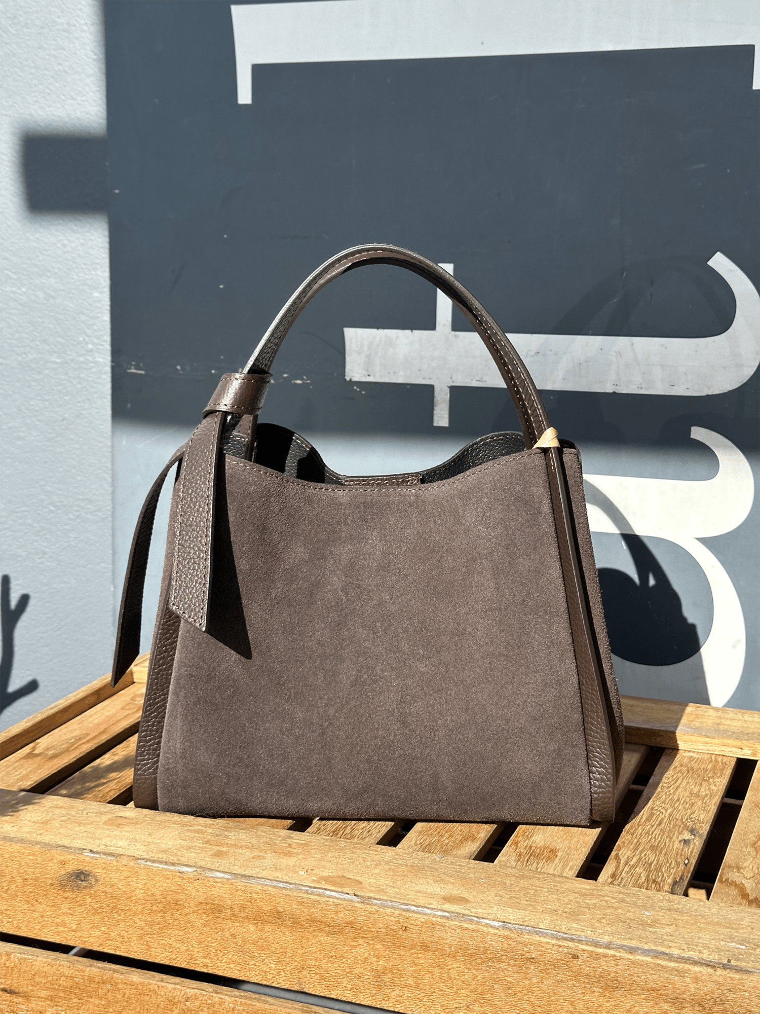 Suede Leather Handbag - Dark Brown - at home