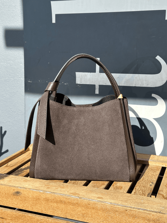 Suede Leather Handbag - Dark Brown - at home