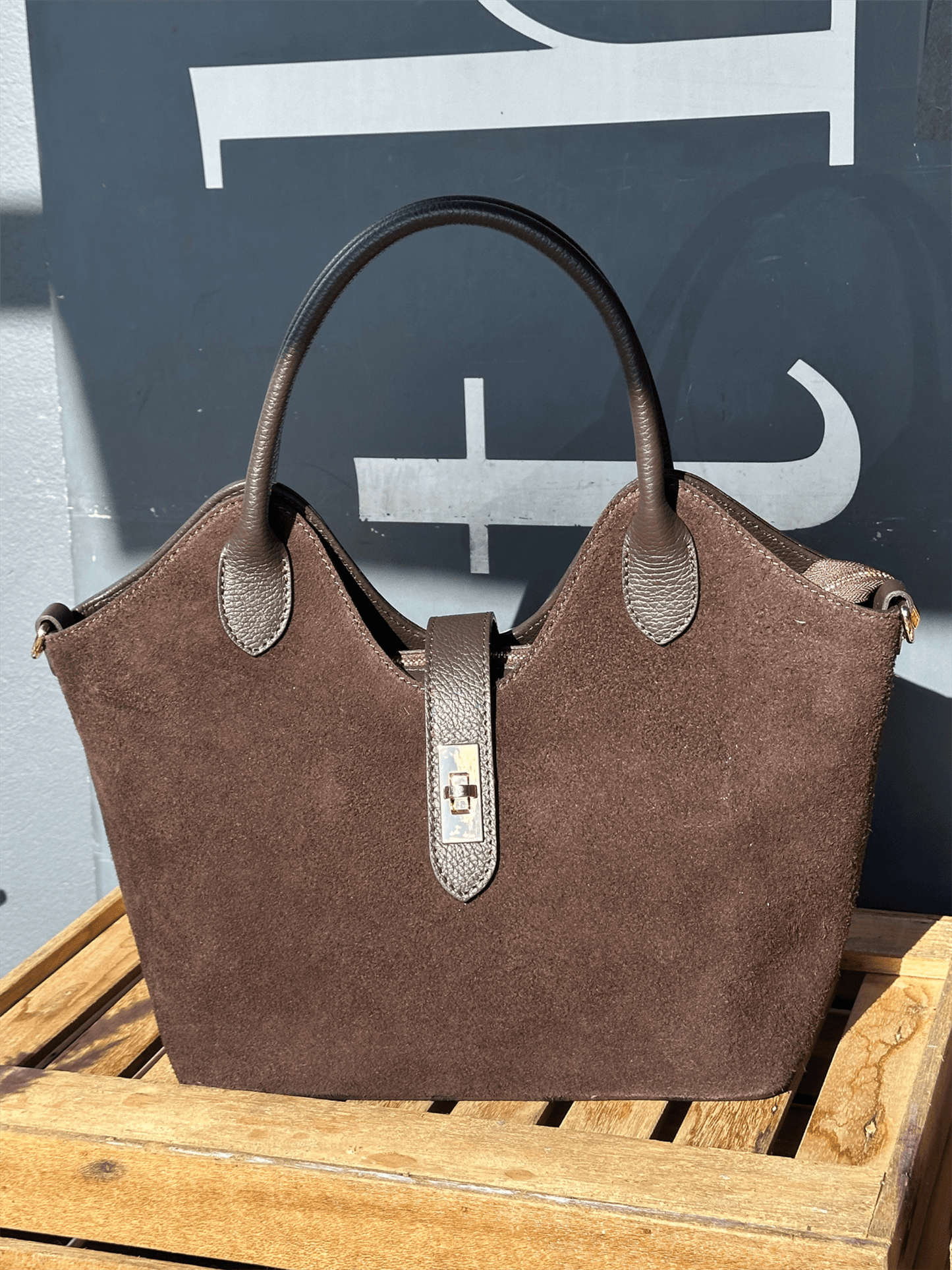 Suede Leather Tote Bag - Dark Brown - at home