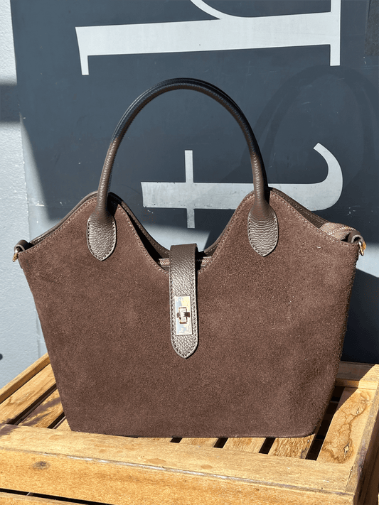 Suede Leather Tote Bag - Dark Brown - at home