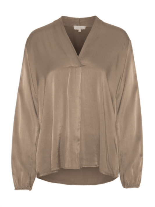 V - Neck Long Sleeve Blouse - Beige - at home