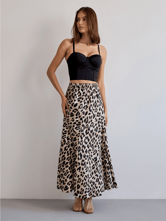 Valentine Satin Skirt - Beige Leopard - at home