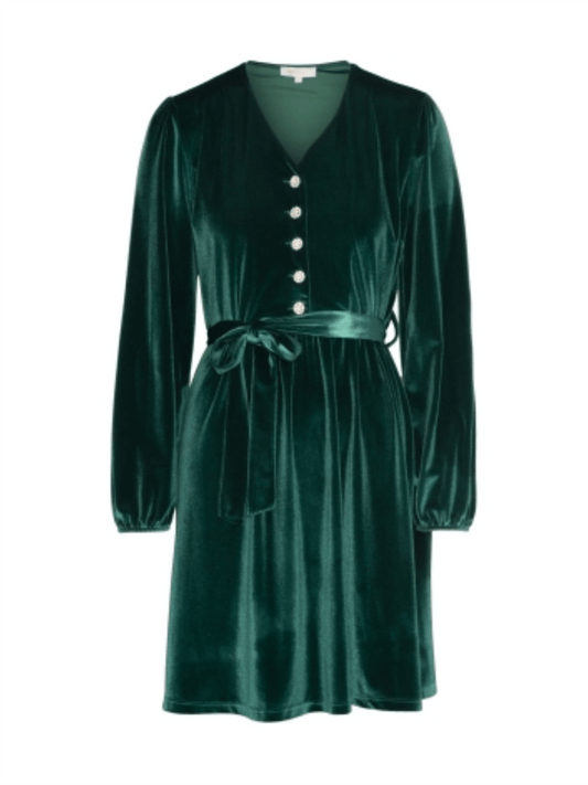 Velvet Dress W/ Buttons - Green - at home