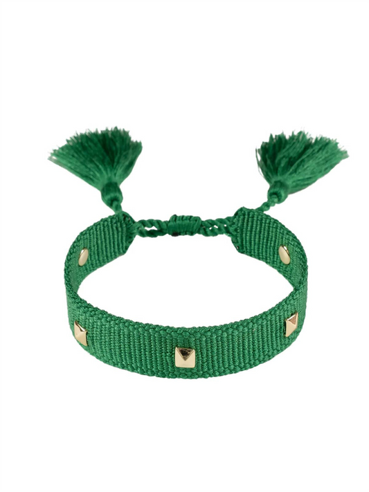 Woven Friendship Bracelet Thin W/Stud - Green