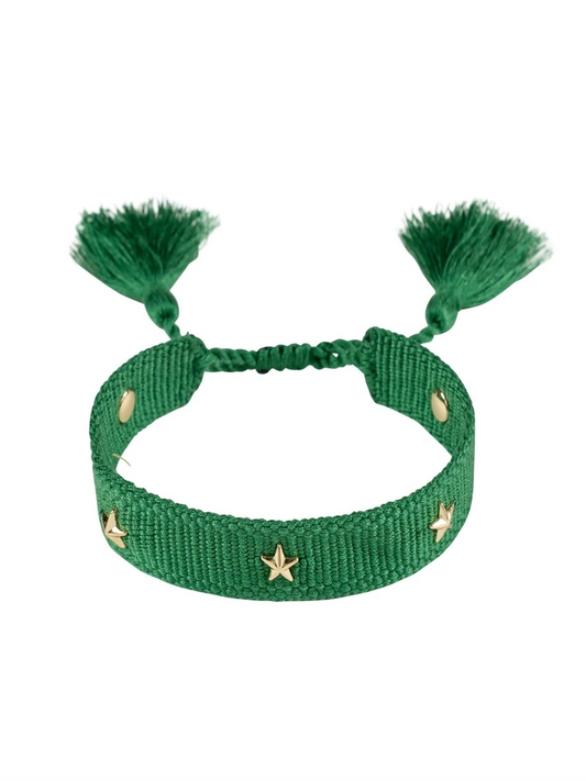 Woven Friendship Bracelet Thin W/Star Stud - Green