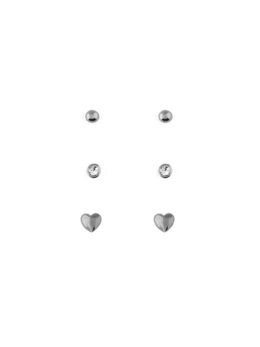 Stud & Heart 3 Pack Earrings - Silver - at home